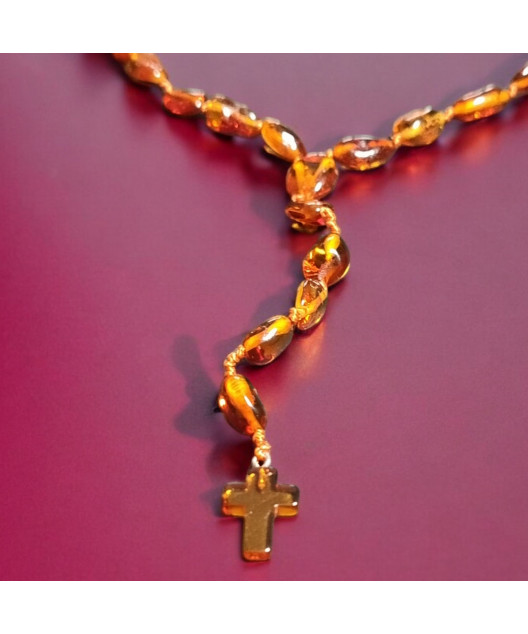 Collier Ambre baltique Cognac Croix sautoir