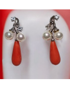 Boucles Corail et Perles gouttes Argent 925