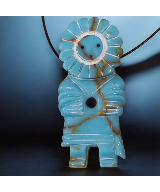 Pendentif Turquoise Homme-Fleur Amérindien Tribu Zuni sur cordon réglable