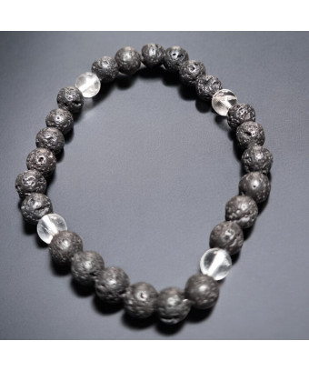 Bracelet Pierre de lave et Cristal de roche Pierres rondes 6mm