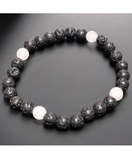 Bracelet Pierre de lave et Quartz Rose Pierres rondes 6mm