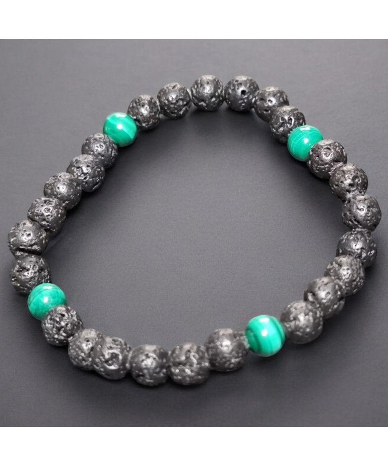 Bracelet Pierre de lave et Malachite Pierres rondes 6mm