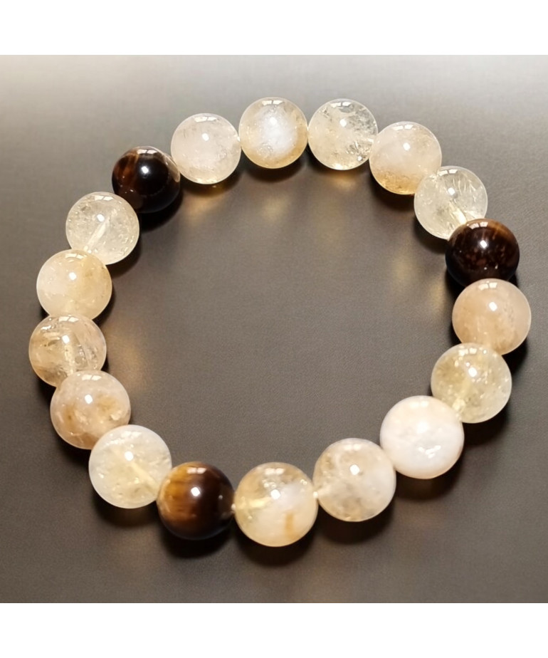 Bracelet Citrine et Œil de Tigre  Pierres rondes 10mm