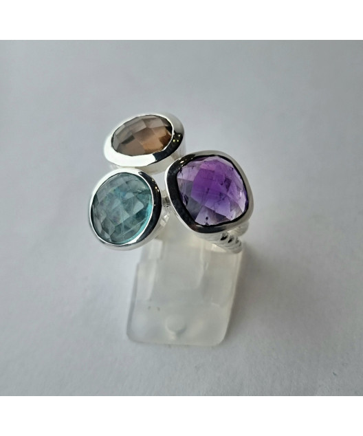Bague topaze bleue - améthyste - citrine argent 925 Taille 57