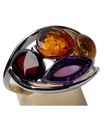 Bague Ambre baltique & Améthyste argent 925 Taille 54
