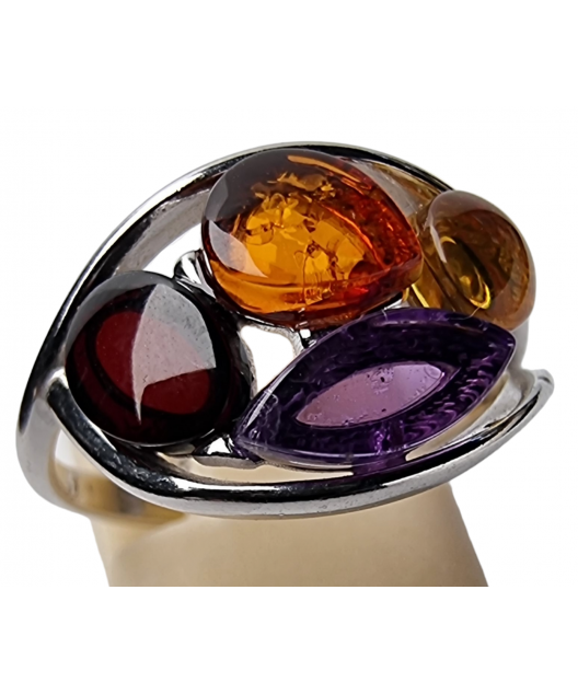 Bague Ambre baltique & Améthyste argent 925 Taille 54