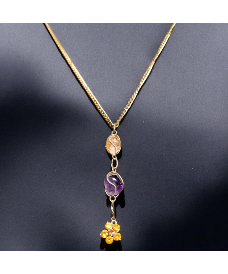 Pendentif Améthyste et Citrine avec fleur sur chaîne dorée