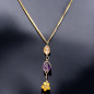 Pendentif Améthyste et Citrine avec fleur sur chaîne dorée