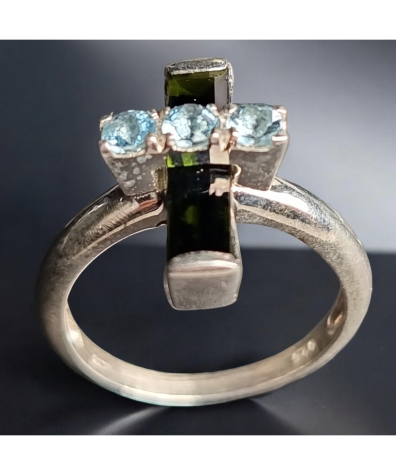 Bague Aigue marine et Tourmaline verte Argent 925 Taille