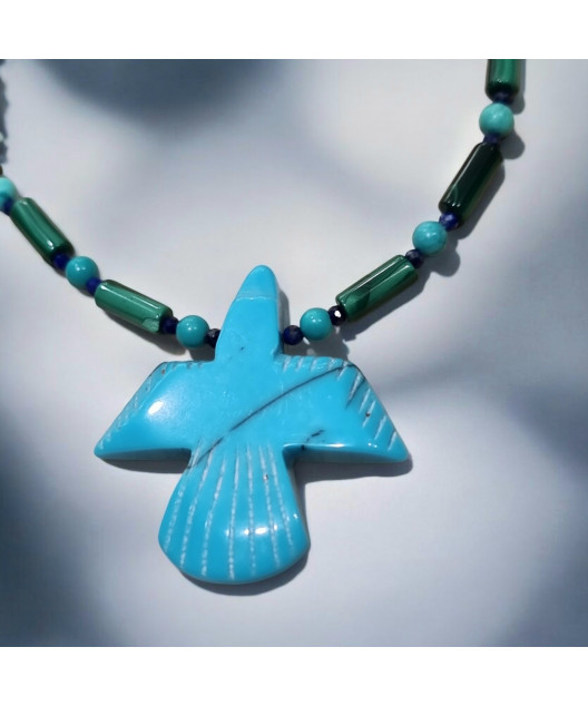 Collier Turquoise Malachite Lapis-lazuli et Azurite Amérindien Tribu Zuni