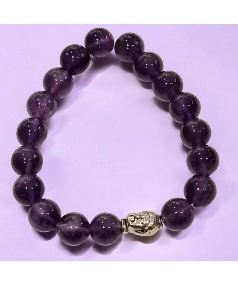 Bracelet Améthyste Pierres rondes 10mm avec Tête de Bouddha