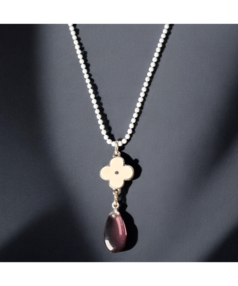 Collier Perle de verre Goutte et Fleur émaillée