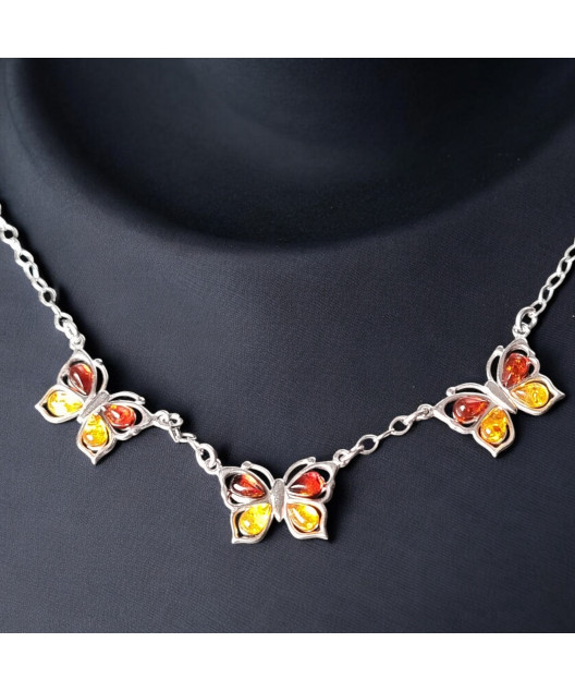 Collier Ambre Papillons Argent 925