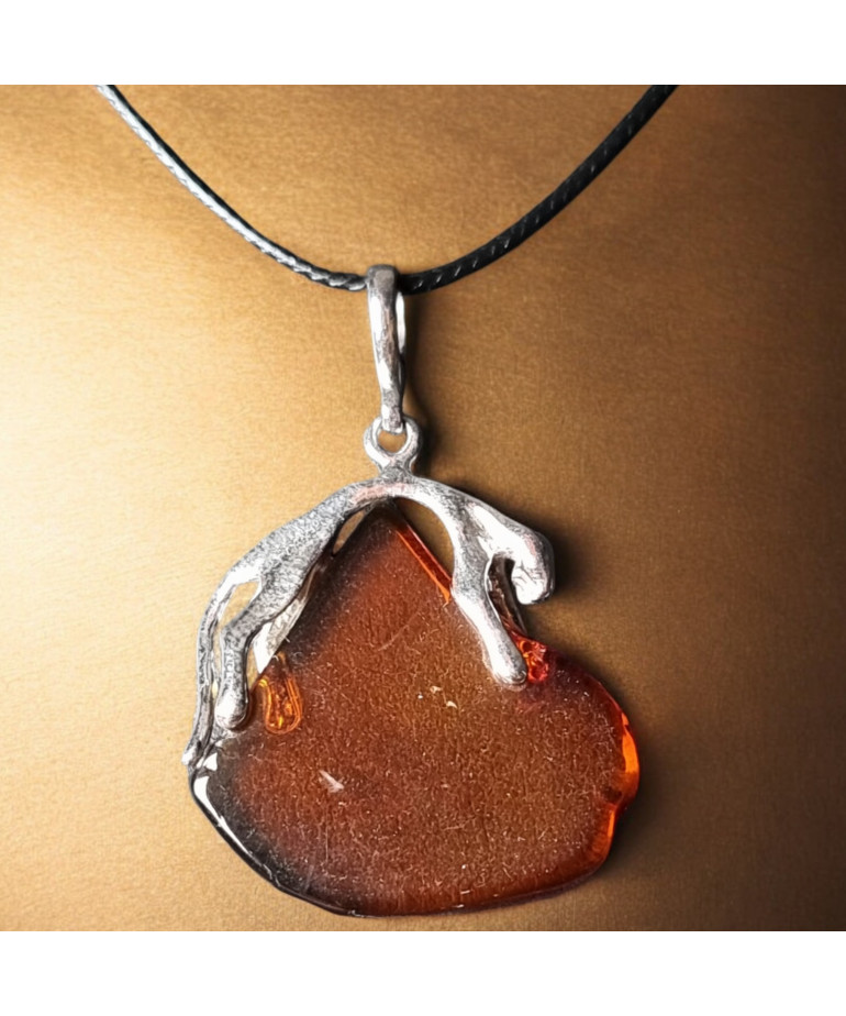 Pendentif Ambre Panthère Argent 925 sur cordon réglable