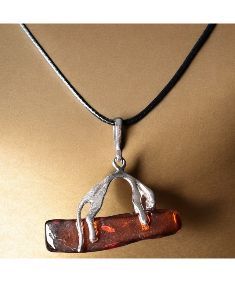 Pendentif Ambre Panthère Argent 925 sur cordon réglable