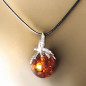 Pendentif Ambre Boule et Oiseau Argent 925 sur cordon réglable