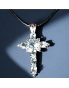 Pendentif Topaze bleue croix Argent 925 avec cordon réglable