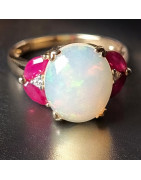 Bague Opale Rubis et Diamant Or 18 carats Taille 55 et sur mesure (s)