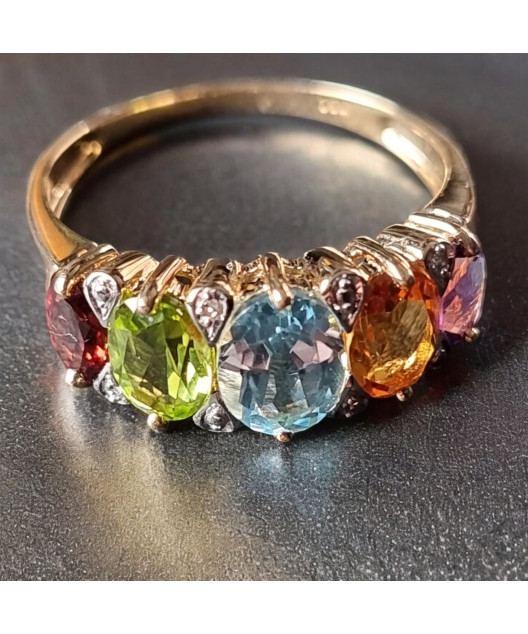 Bague Topaze bleue Citrine Péridot Améthyste et Grenat Or 18 Carats Taille 63 (s)