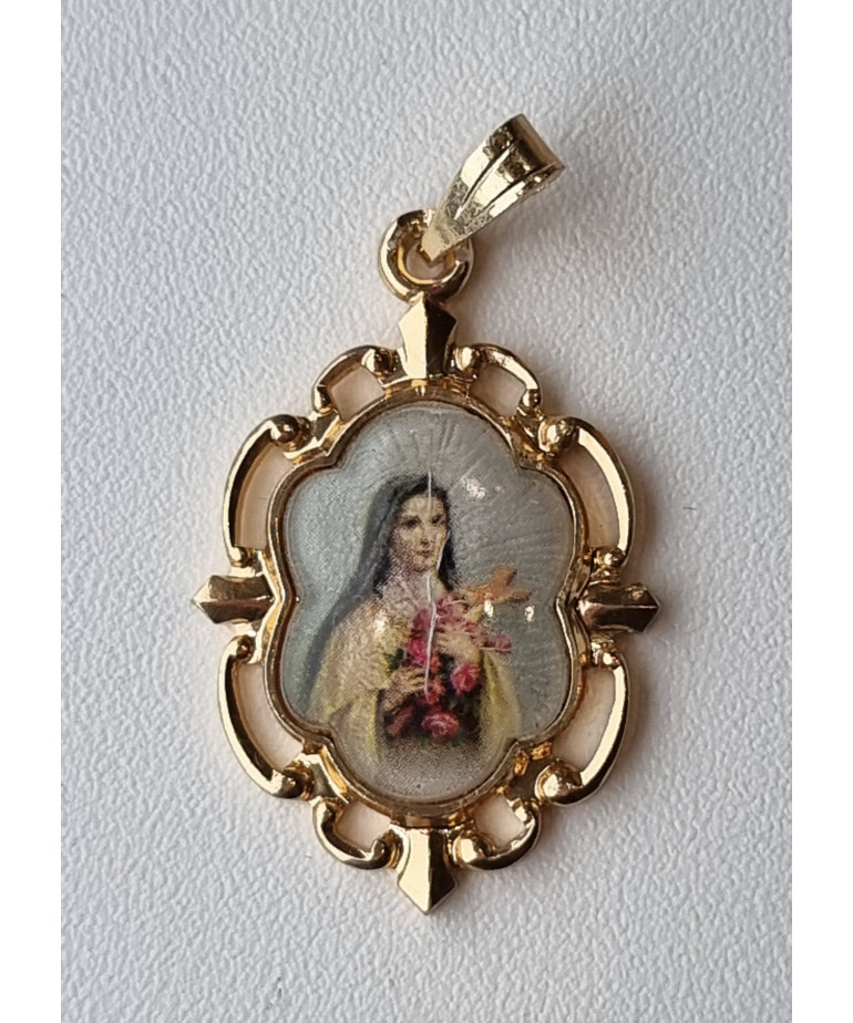 Médaille Sainte Thérèse alu plaqué or Vintage forme fleur GM