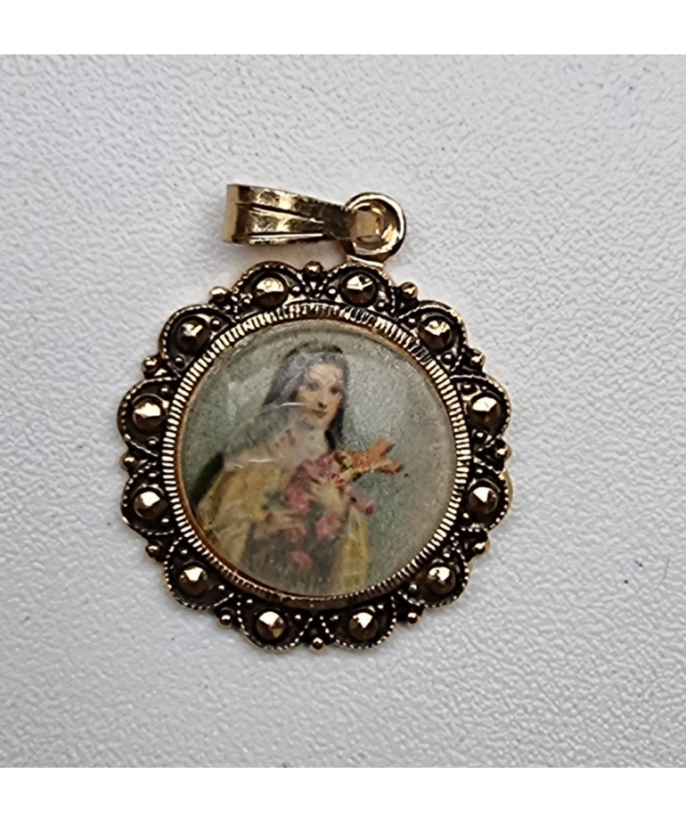 Médaille Sainte Thérèse alu plaqué or Vintage forme ronde GM