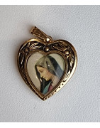 Médaille Vierge alu plaqué or Vintage forme cœur recto verso  GM