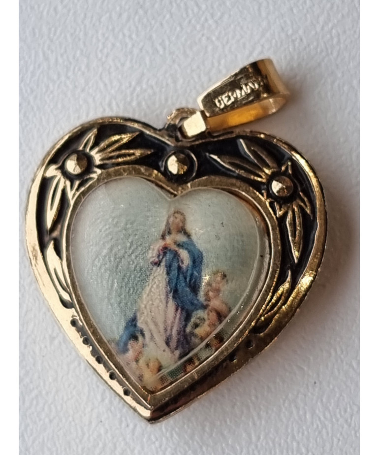 Médaille Vierge alu plaqué or Vintage forme cœur recto verso  GM