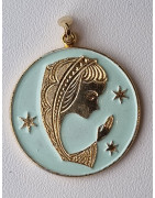 Médaille Vierge laiton plaqué or émaillé bleu Vintage forme ronde GM