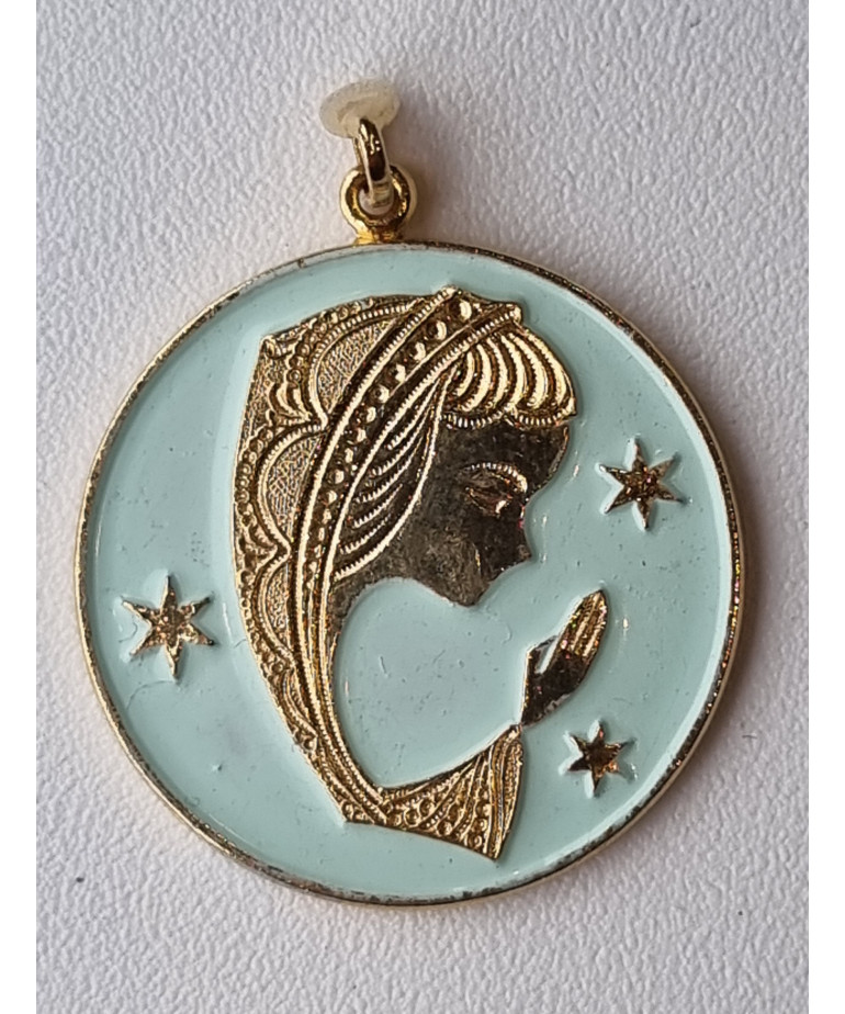 Médaille Vierge laiton plaqué or émaillé bleu Vintage forme ronde GM