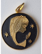 Médaille Vierge laiton plaqué or émaillé noir Vintage forme ronde GM