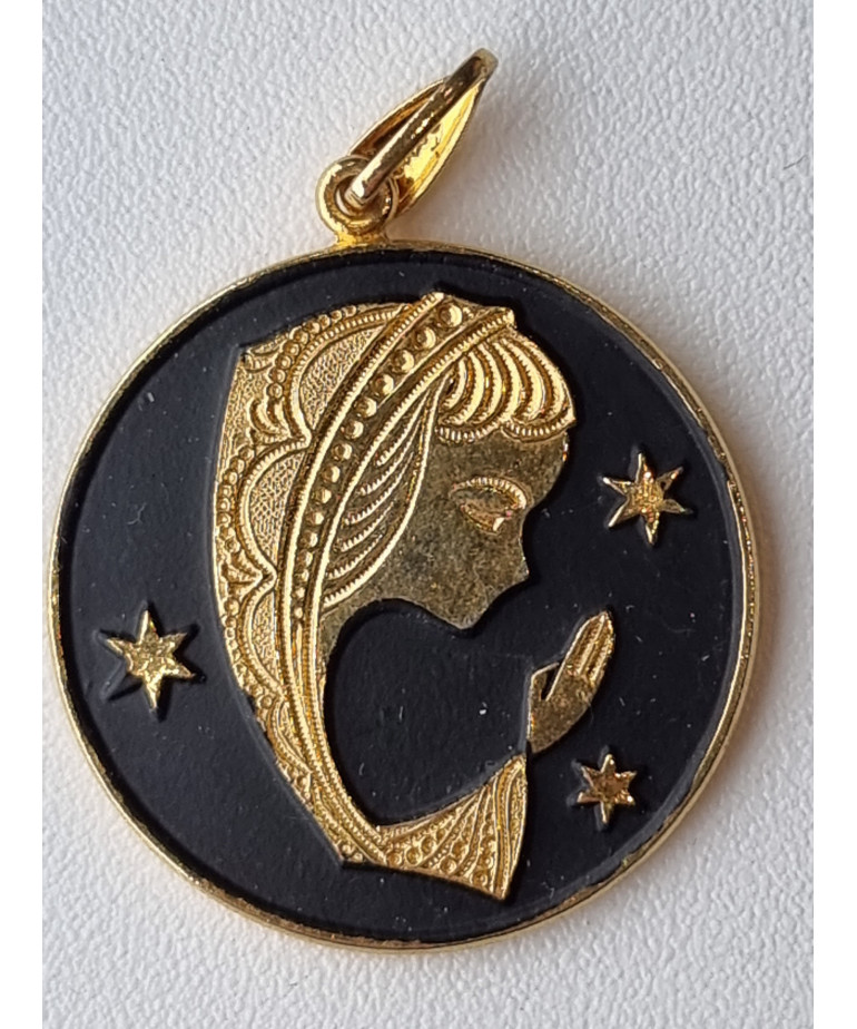 Médaille Vierge laiton plaqué or émaillé noir Vintage forme ronde GM