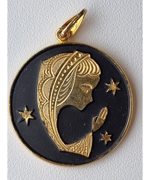 Médaille Vierge laiton plaqué or émaillé noir Vintage forme ronde GM