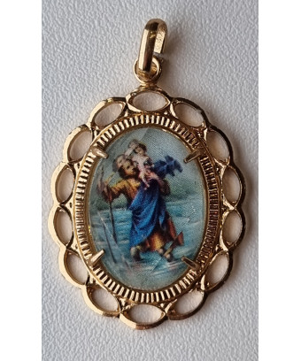 Médaille Saint Christophe alu plaqué or Vintage forme fleur GM