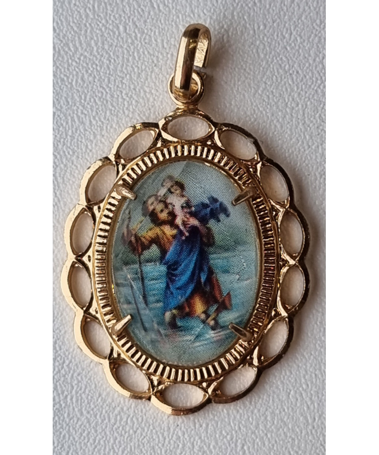 Médaille Saint Christophe alu plaqué or Vintage forme fleur GM