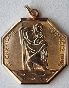Médaille Saint Christophe tout alu plaqué or Vintage forme octogonale recto verso GM