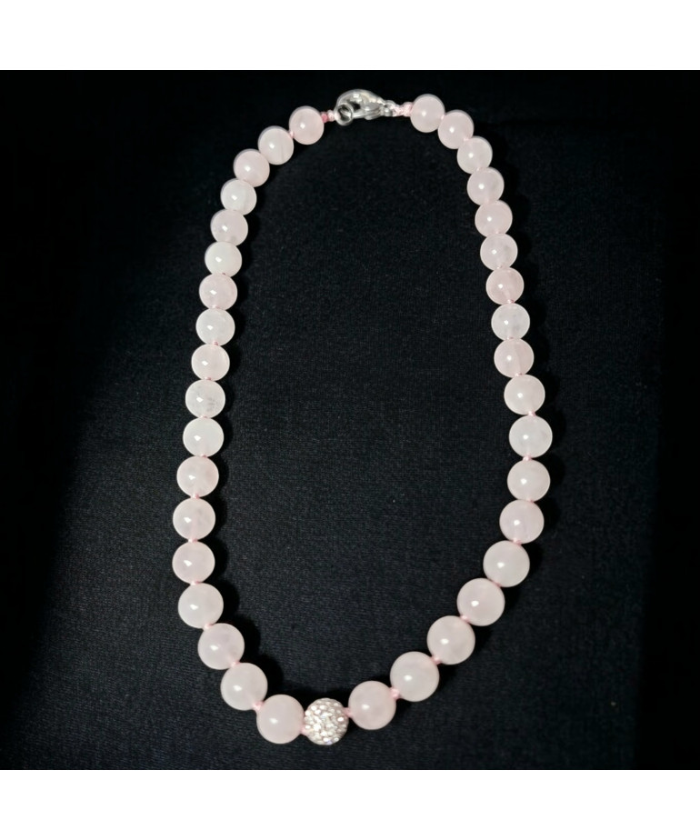 Collier Quartz rose Pierres rondes 10mm sur cordon noué