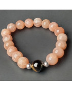 Bracelet Pierre de lune rose et Œil de faucon "tigrée" Pierres rondes 10mm