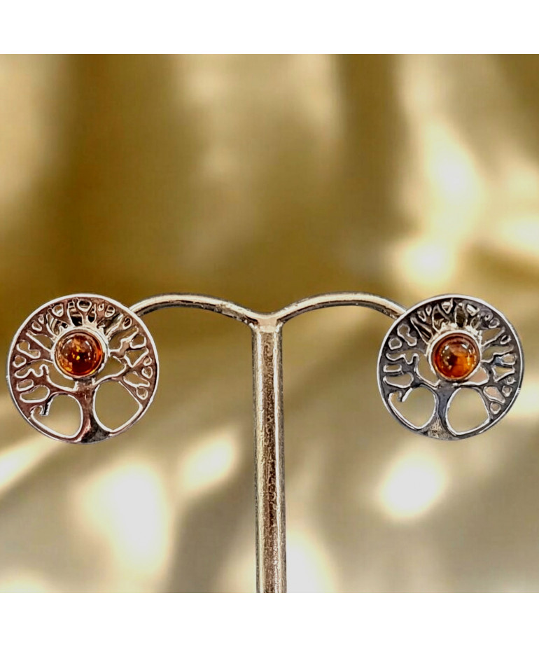 Boucles Ambre Cognac Arbre de vie Argent 925