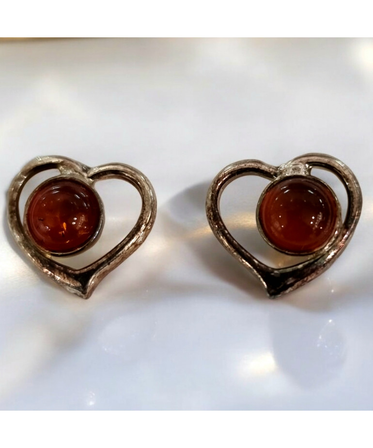 Boucles Ambre Cognac Cœur Argent 925