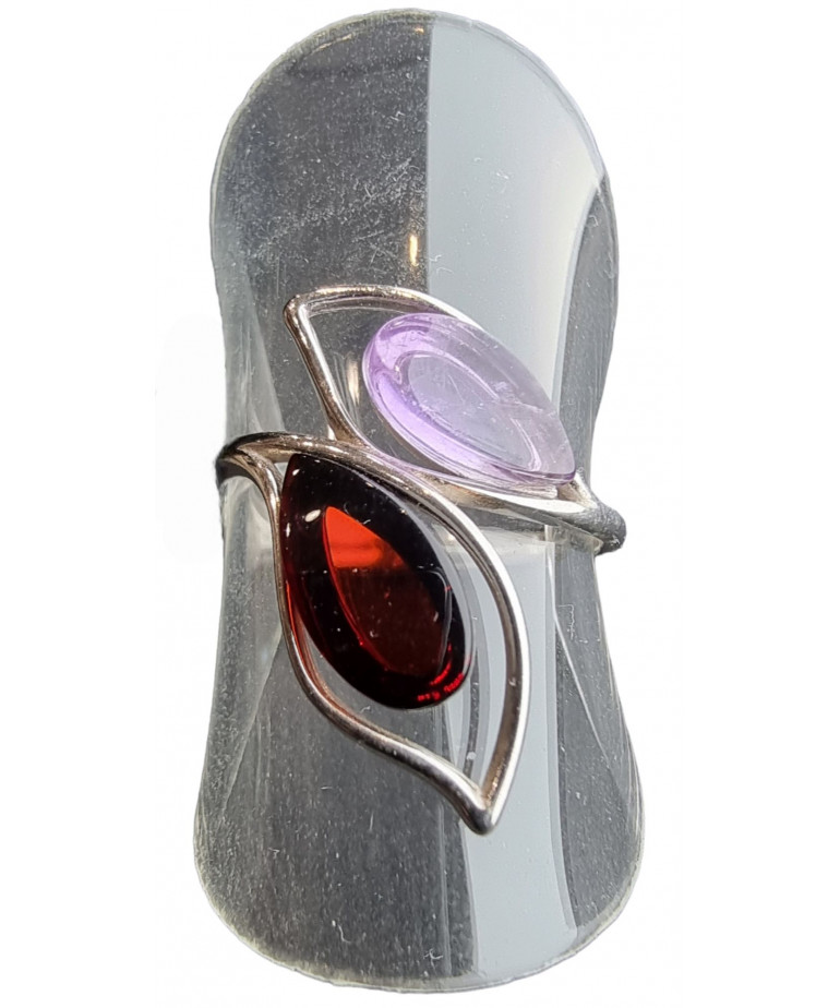 Bague améthyste & Ambre cognac argent 925 taille 55