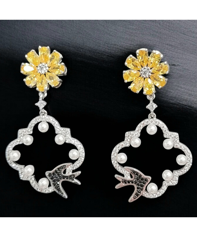 Boucles Zirconium Fleur et Perles avec Hirondelles