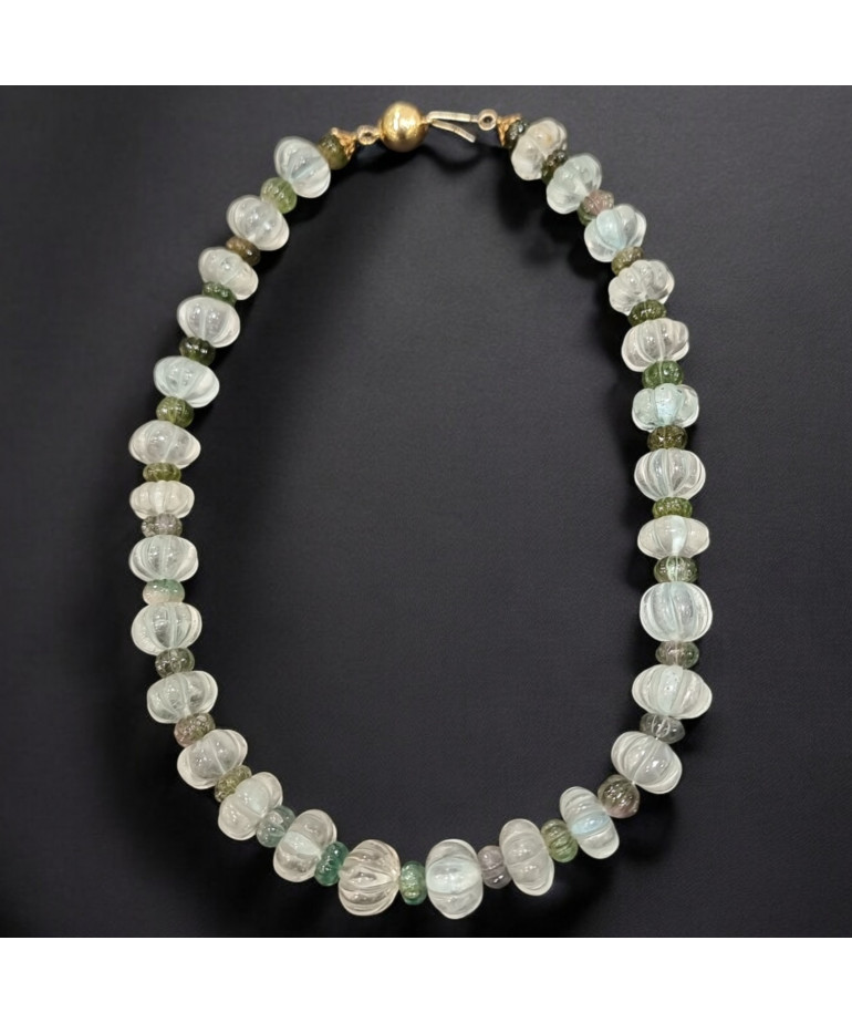 Collier Aigue marine Tourmaline verte et indigolite facettées fermoir plaqué or (s)