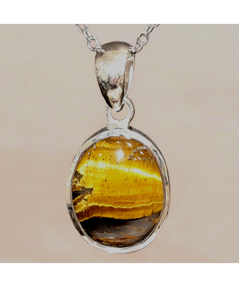 Pendentif Œil de tigre Ovale Argent 925 avec chaîne (s)