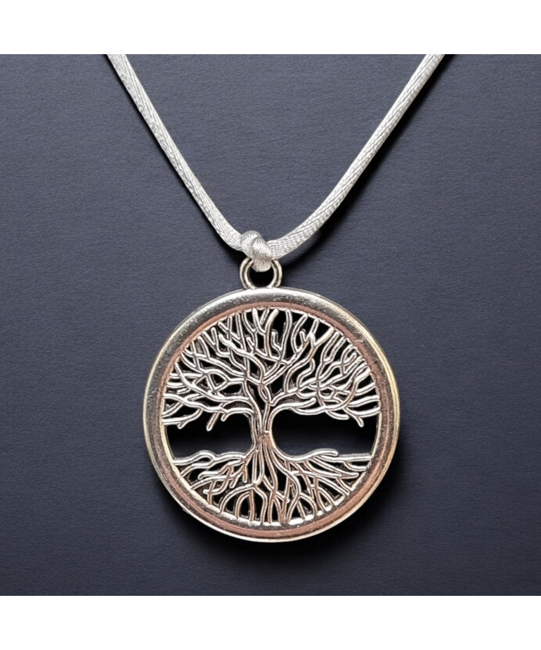 Pendentif Arbre de vie Métal argenté diam 5cm sur cordon réglable (s)