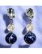 Boucles Lapis-lazuli Boules Cristal de roche et Swarovski Métal argenté (s)