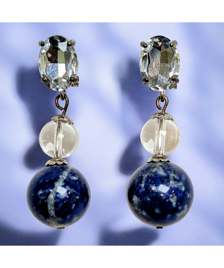 Boucles Lapis-lazuli Boules Cristal de roche et Swarovski Métal argenté (s)