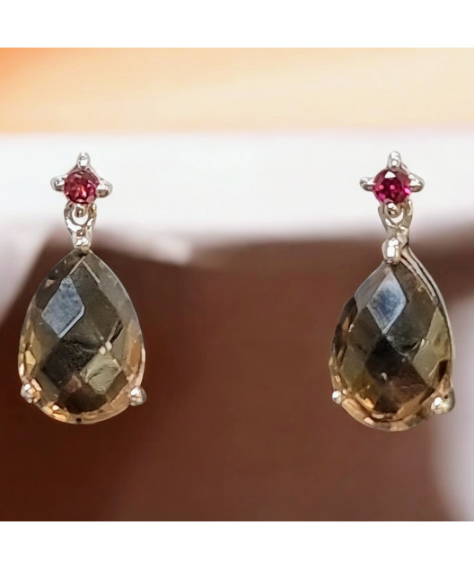 Boucles Quartz fumé & Grenat goutte Argent 925