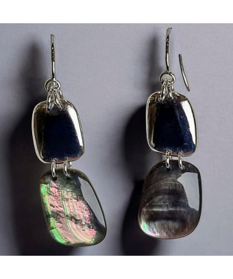 Boucles Labradorite et Plaque Argent Rhodié Argent 925 (s)