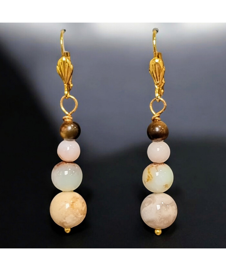 Boucles Œil de tigre Morganite Opale bleue et River Stone Plaqué or (s)