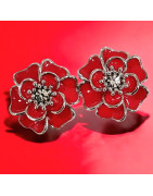 Boucles Email et Swarovski Camélia Rouge argenté (s)